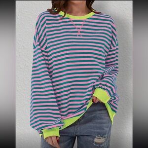 SHEIN NWOT Striped Pink and Blue Sweatshirt with Neon Green Accents
